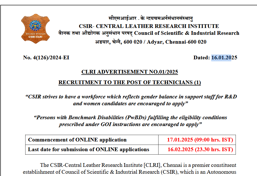 CLRI Chennai Technician Recruitment 2025 – 41 Vacancies Available, Apply Online Now!