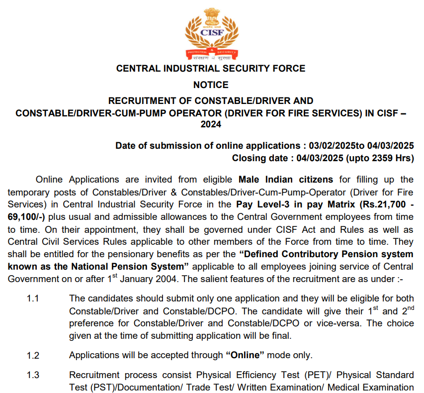 CISF Constable Driver Recruitment 2025